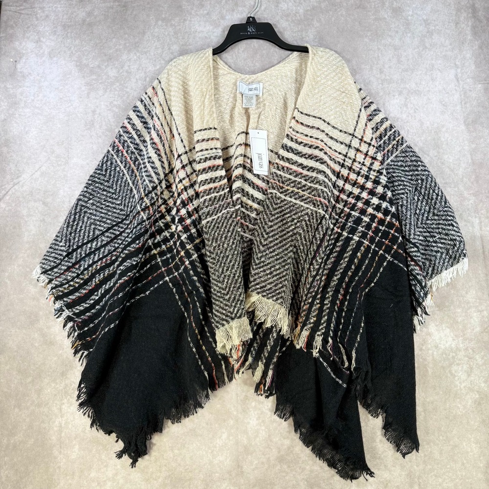 Joan Vass Poncho Wrap Women One Size Black Cream Herringbone Plaid Fringed New